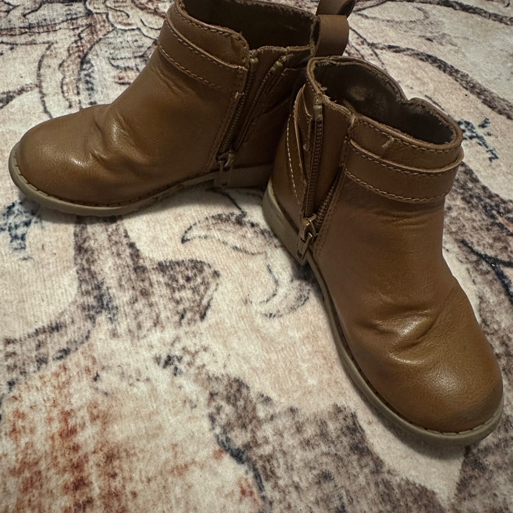 Brown Leather Ankle Boots with Side Zipper and Buckle Accents